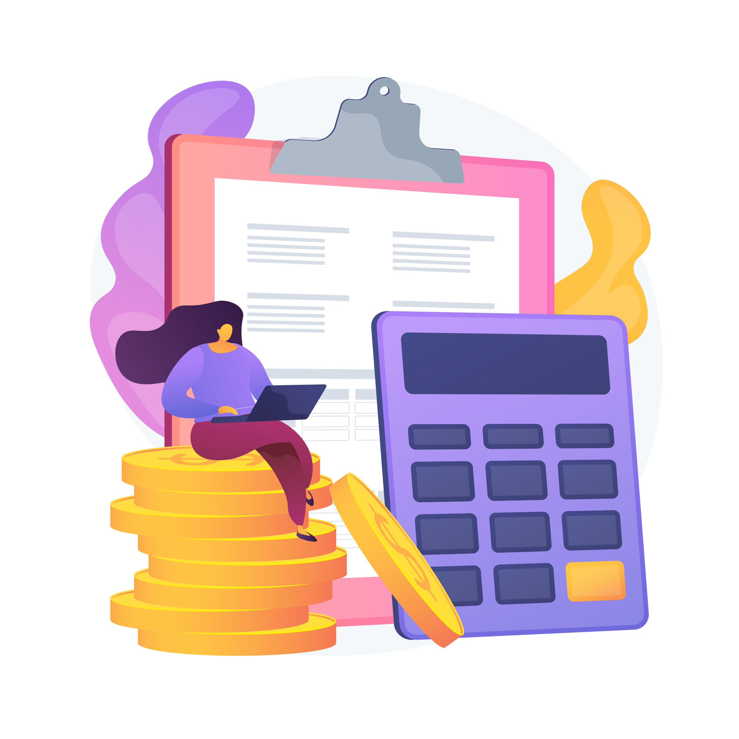 Financial accounting. Female accountant cartoon character making financial report. Summary, analysis, reporting. financial statement, income and balance. Vector isolated concept metaphor illustration